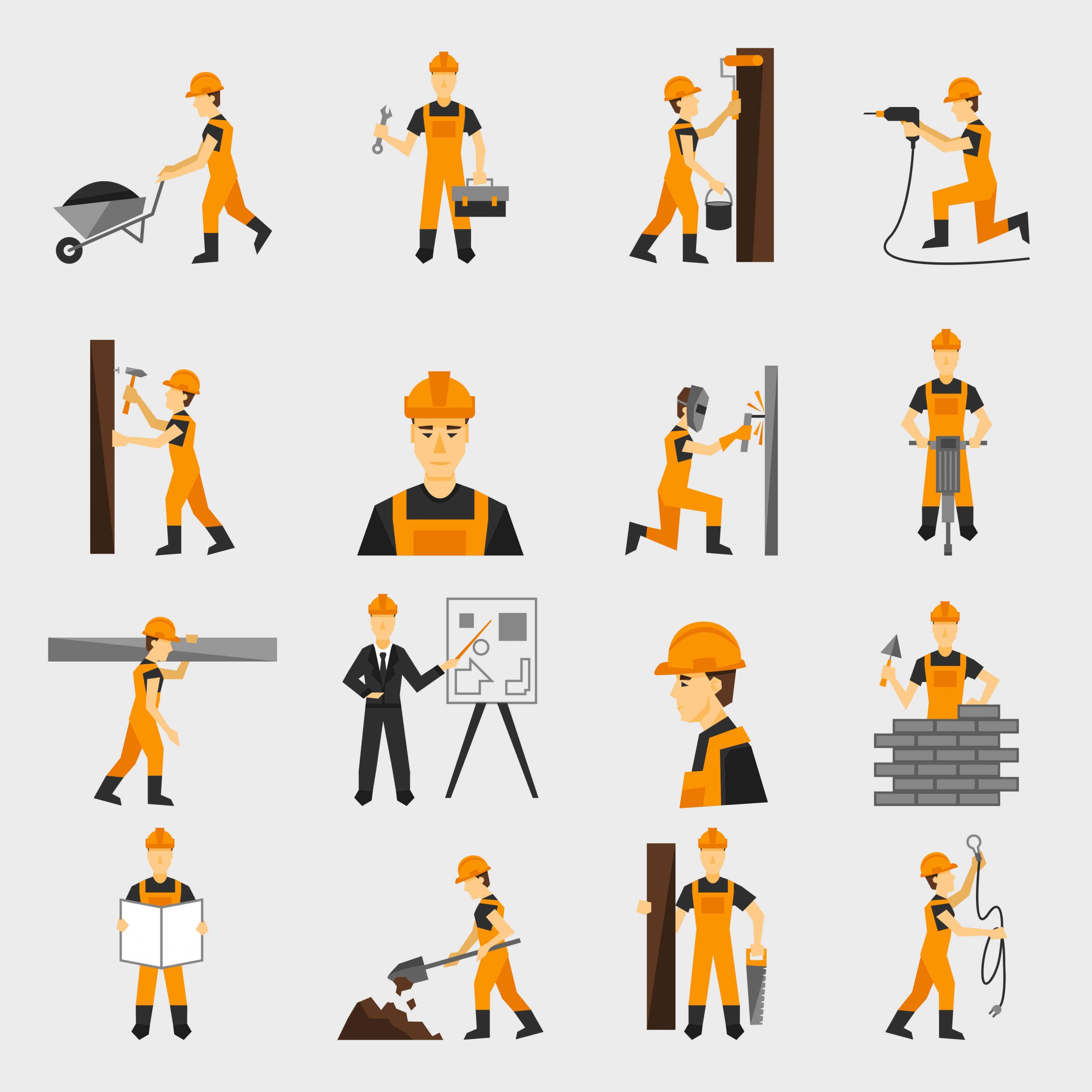 CONTRACTOR'S ALL RISKS INSURANCE policy - vector image of contractors doing different tasks