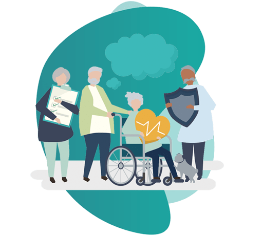Personal accident insurance - vector image of 3 people and 1 person on wheelchair