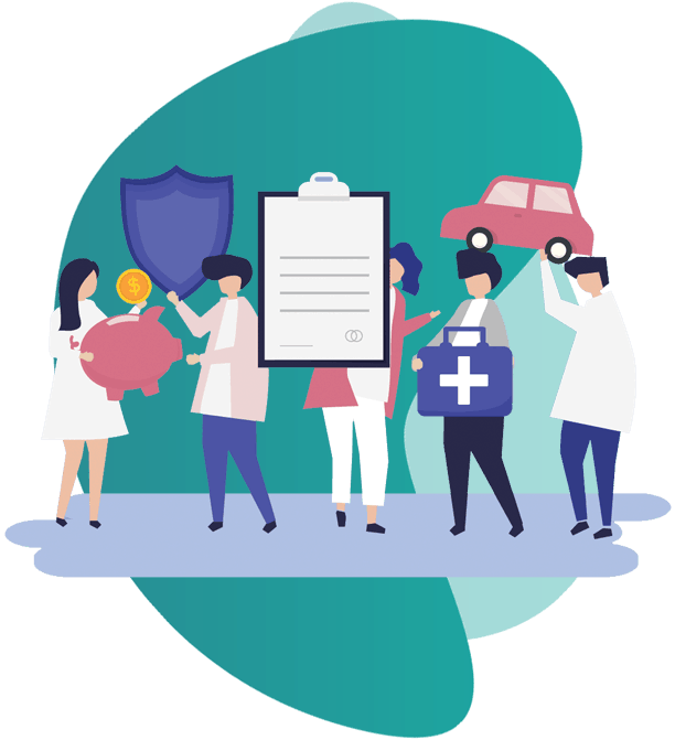 OFFICE PACKAGE INSURANCE - vector image of group of people holding medical icons