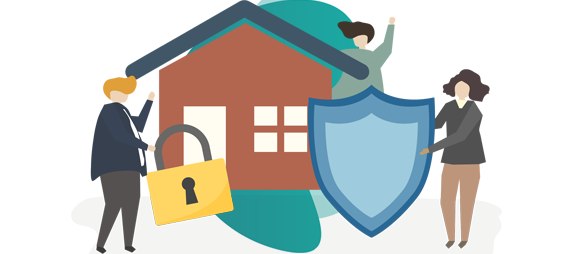 fire insurance policy conditions - vector image of house and people holding lock 