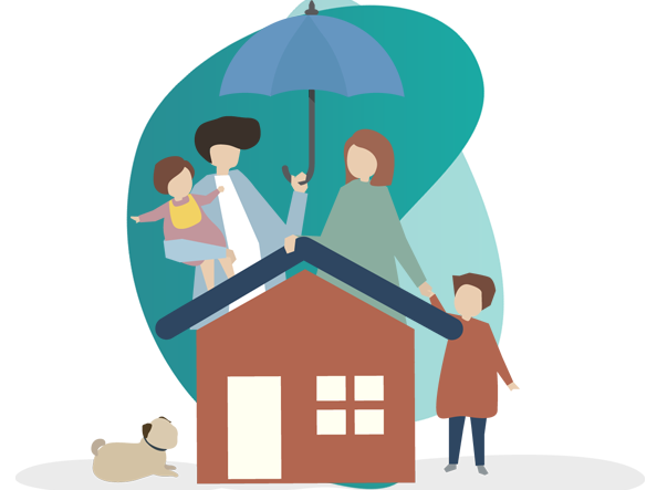 fire insurance in india - vector image of house, couple and a dog