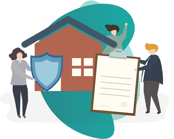 long term home insurance - vector image of house with 3 people holding icons