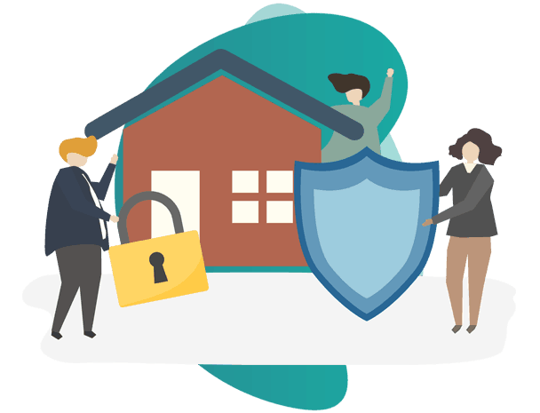 erection all risks insurance policy - vector image of house with 3 people holding icons