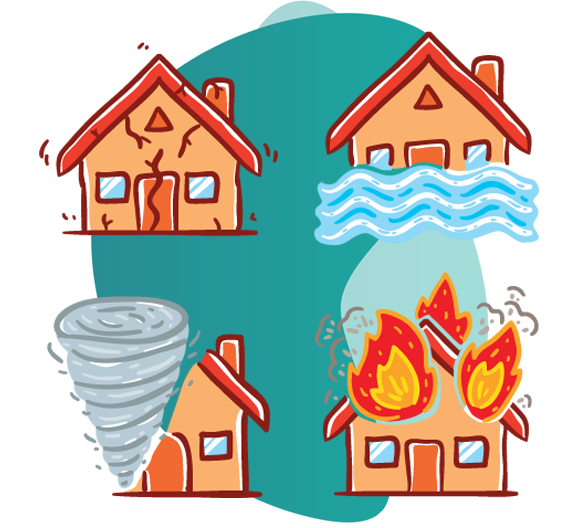 fire insurance features- vector image of house getting damaged due to water,fire ,tornado and earthquake